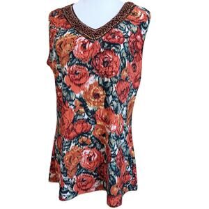 CAROLE LITTLE Artsy Wooden Beaded Top Blouse XL Stretchy Floral V-Neck Tank Cami